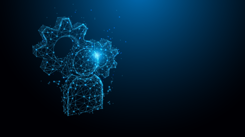 Stilisierte Darstellung von zwei Zahnrädern mit einer Person im Vordergrund